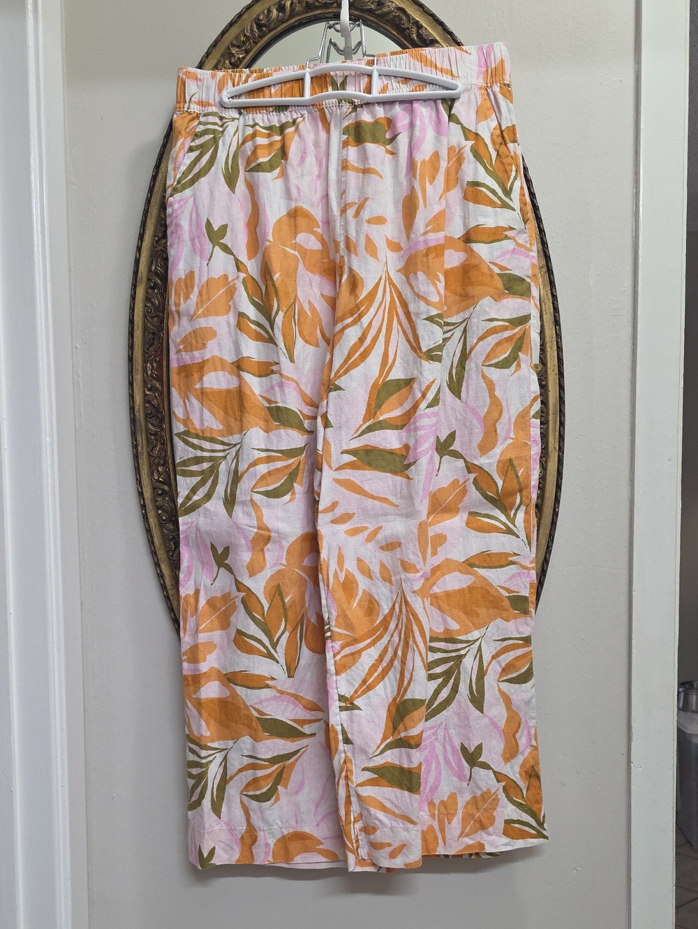 C&C California Women's Linen Tropical Print Wide-Leg Pants Pink & Orange Size L